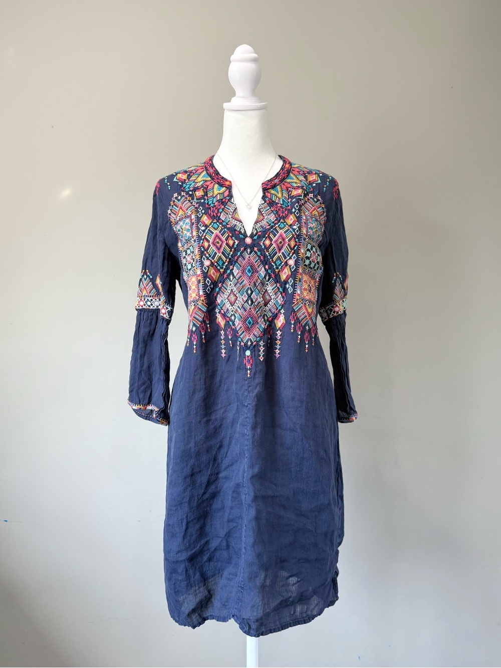 Johnny Was Workshop Multicolor Navy Embroidered Geometric Dress